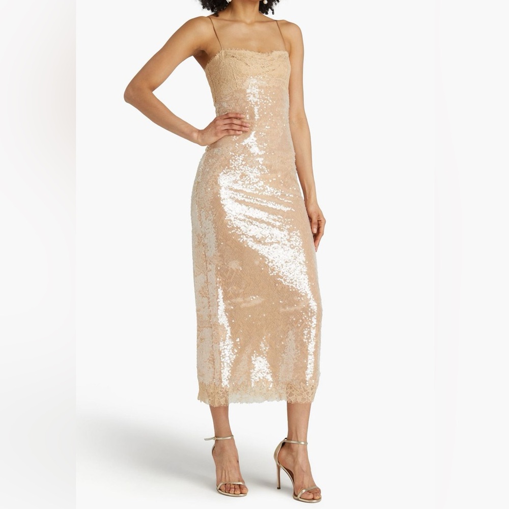 Jonathan Simkhai Nude Sequin Lace-Trim Midi Dress